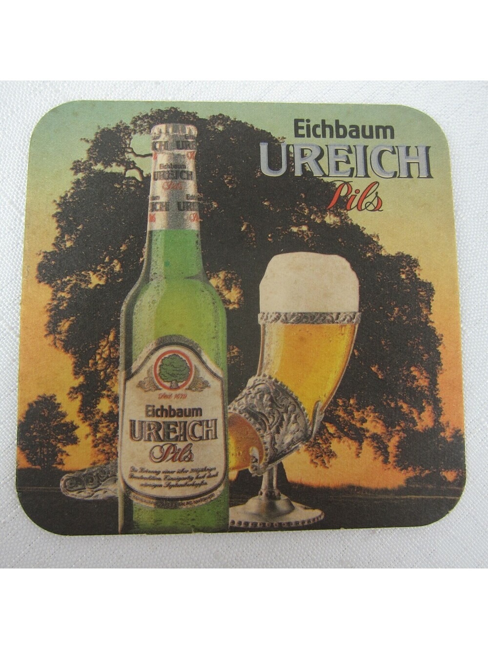 Vintage Eichbaum Ureich Pils Mannheim German Beer Coaster ft Glass Drinking Horn